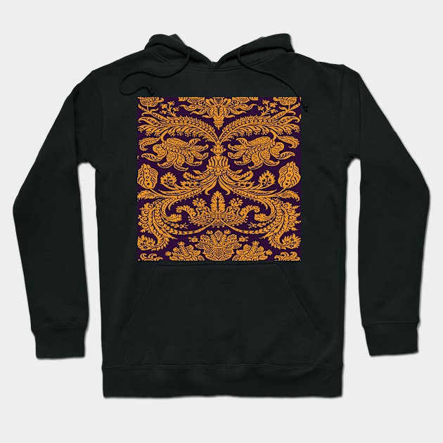 Gold on Purple Royal Medieval Damask Scrolls Hoodie by JamieWetzel